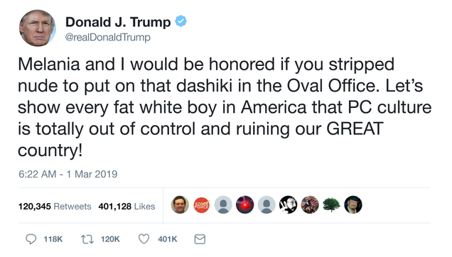 Illustration for article titled Trump To The Rescue: The Fat White Boy Who Was Expelled For Getting Fully Nude On The School Bus To Change Into His Dashiki Was Invited To The White House